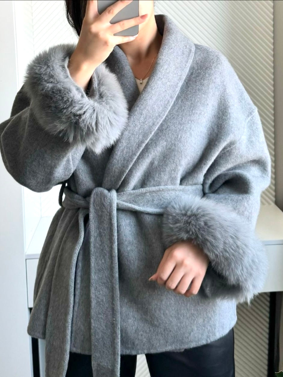 Belted Coat with Faux Fur Cuffs