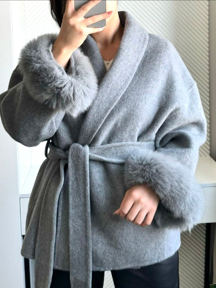 Belted Coat with Faux Fur Cuffs