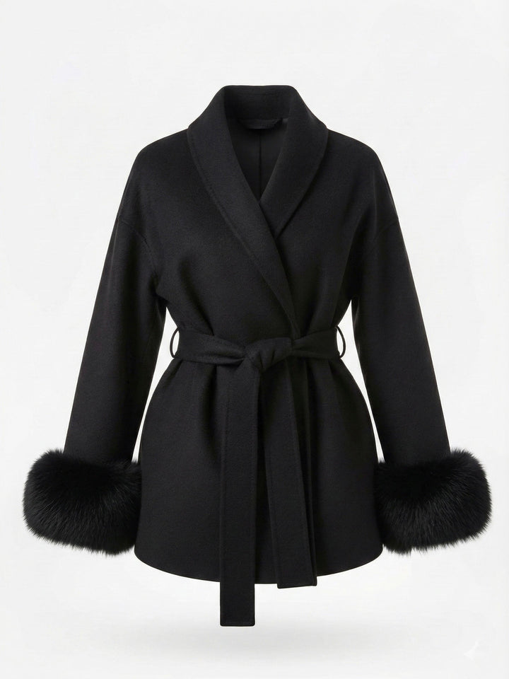 Belted Coat with Faux Fur Cuffs