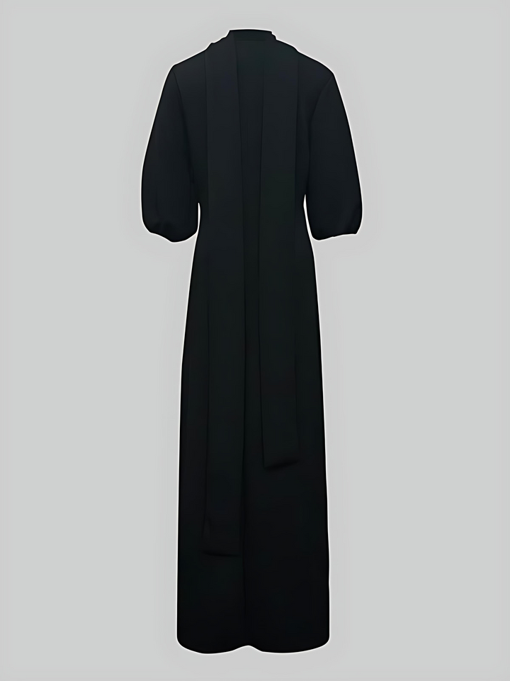 Loose Puff Sleeves Buttoned Split-side Mock Neck Maxi Dresses