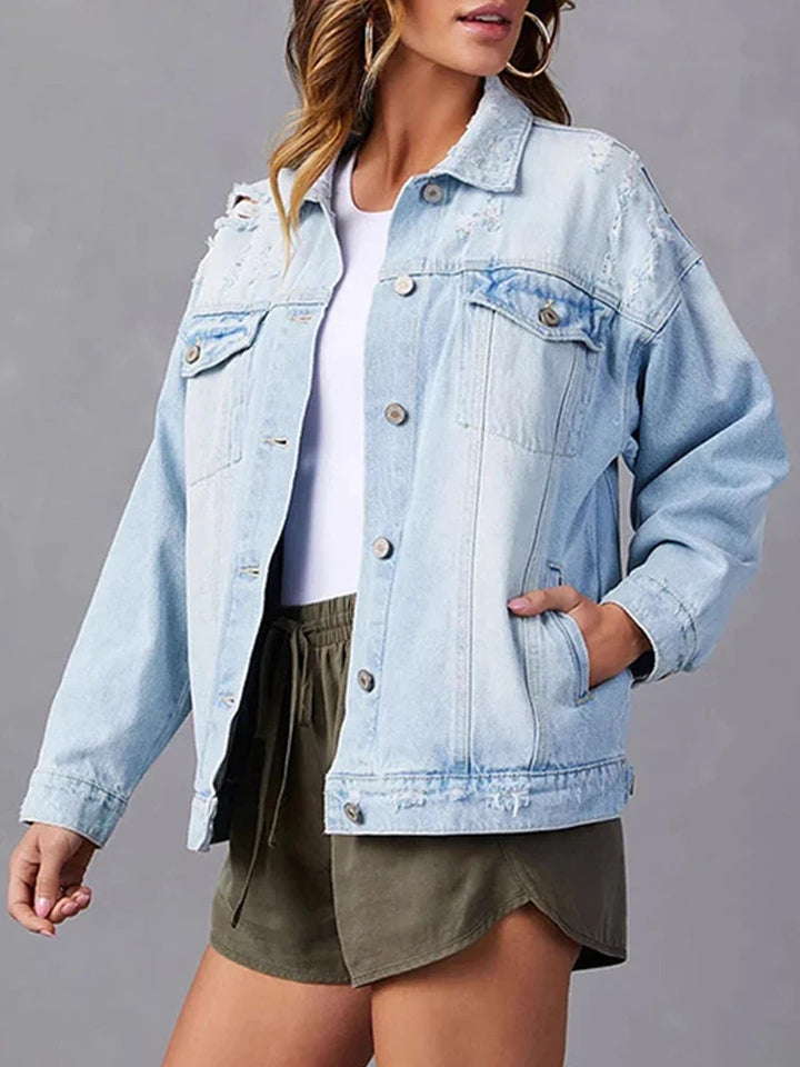 Womens Jean Jacket Casual Long Sleeve Button Down Denim Jacket Fall Coat