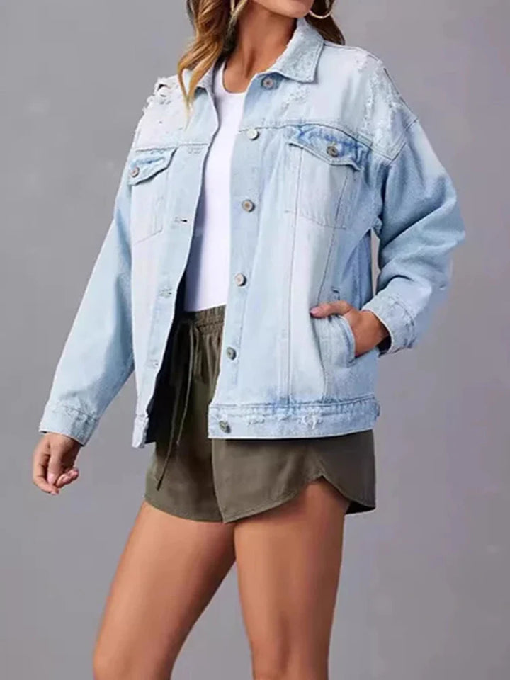 Womens Jean Jacket Casual Long Sleeve Button Down Denim Jacket Fall Coat
