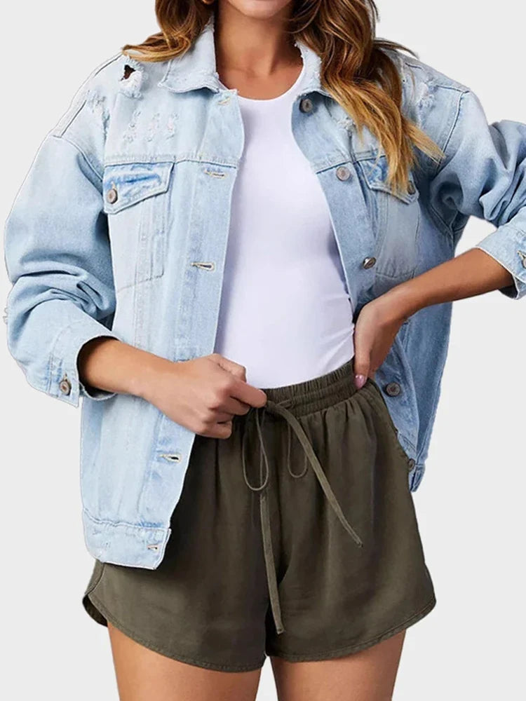 Womens Jean Jacket Casual Long Sleeve Button Down Denim Jacket Fall Coat