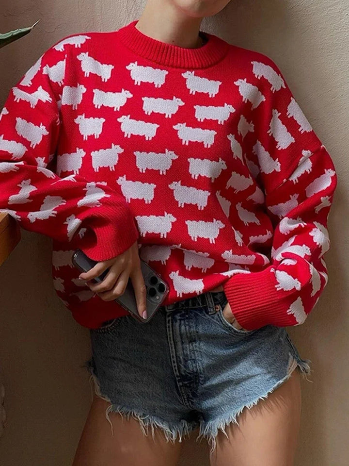 Women's Crew Neck oversize Alpaca Print Sweater