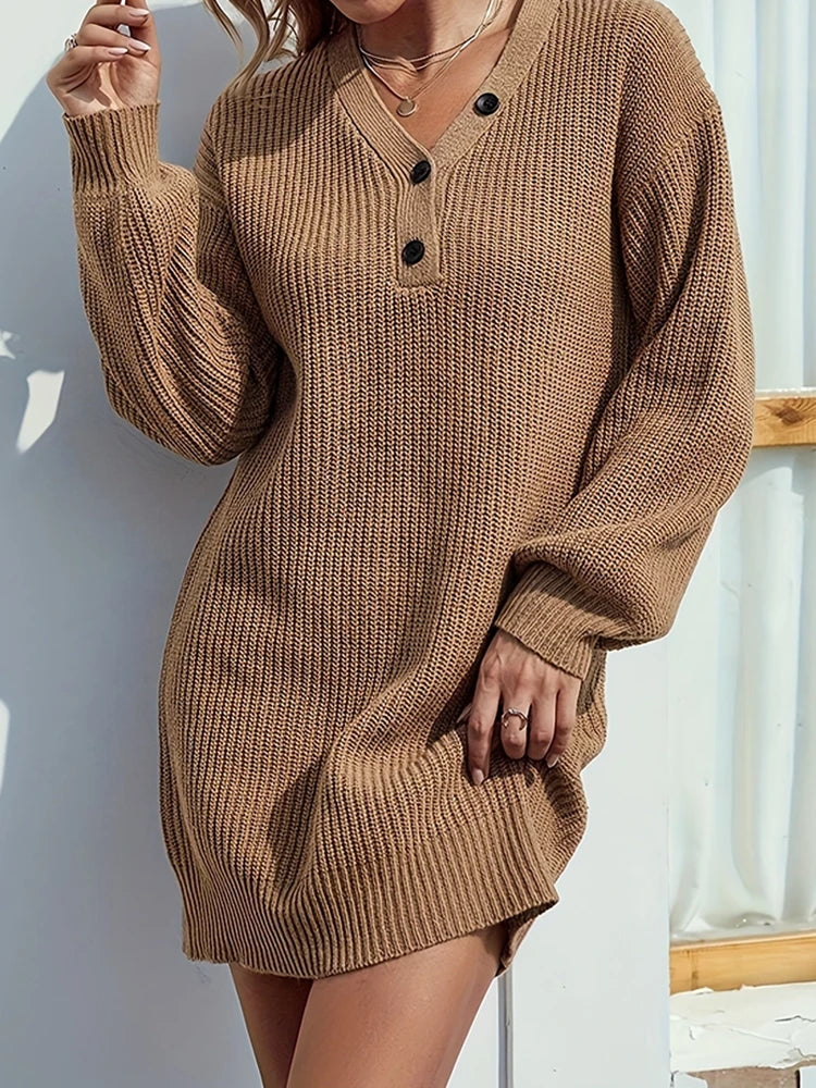 Womens V Neck Mini Sweater Dress Long Lantern Sleeve Pullover Sweaters