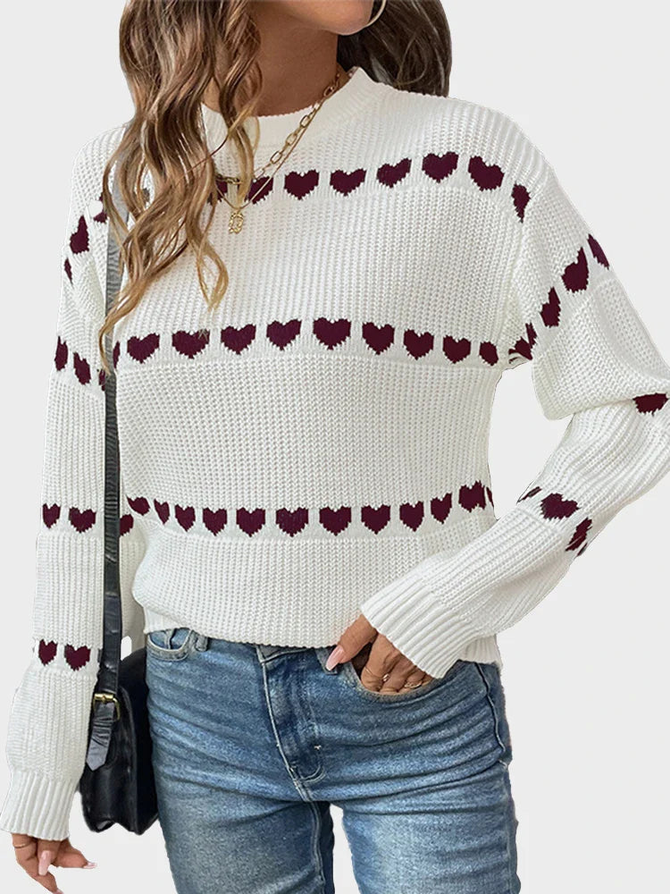 Women's Heart Crew Neck Casual Long Sleeve Sweater