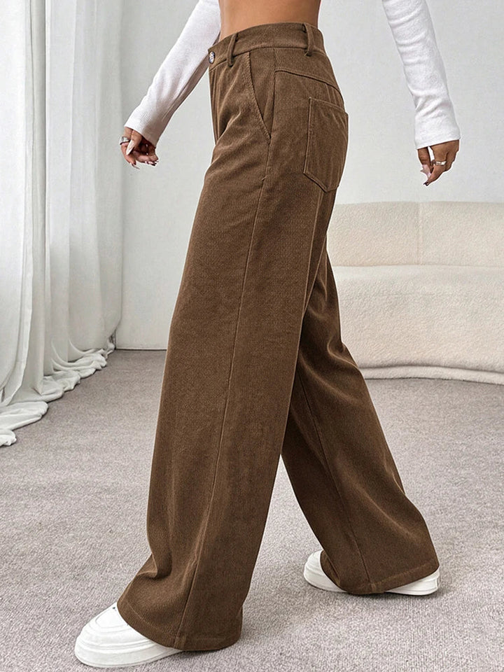 Womens Corduroy Pants Wide Leg High Waist Loose Trousers with Pockets