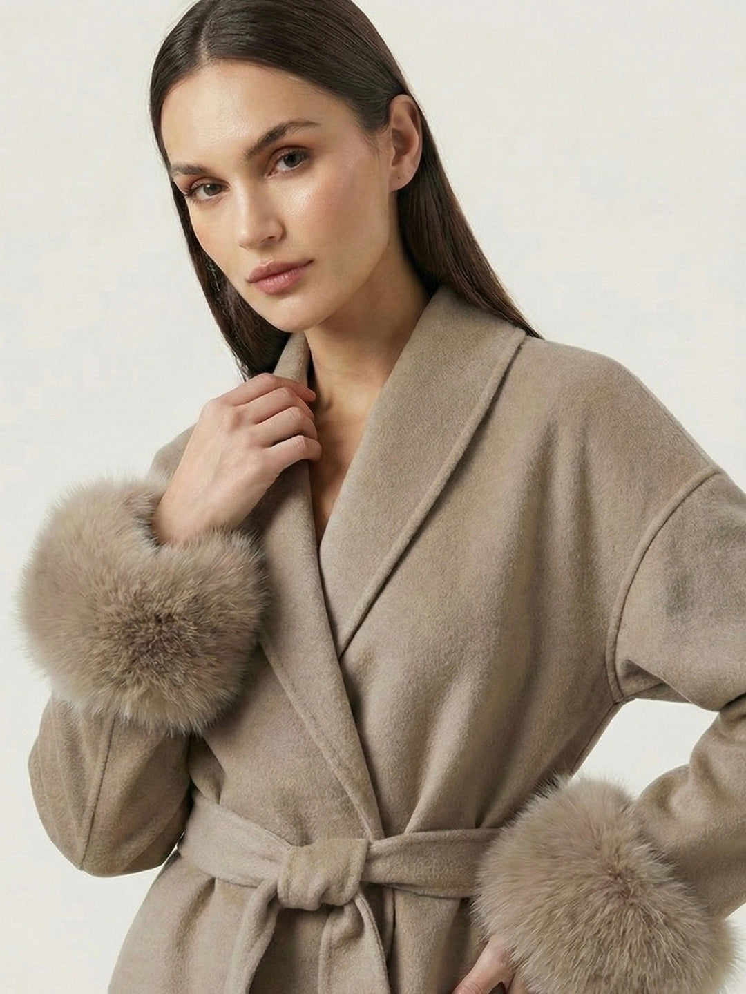 Belted Coat with Faux Fur Cuffs