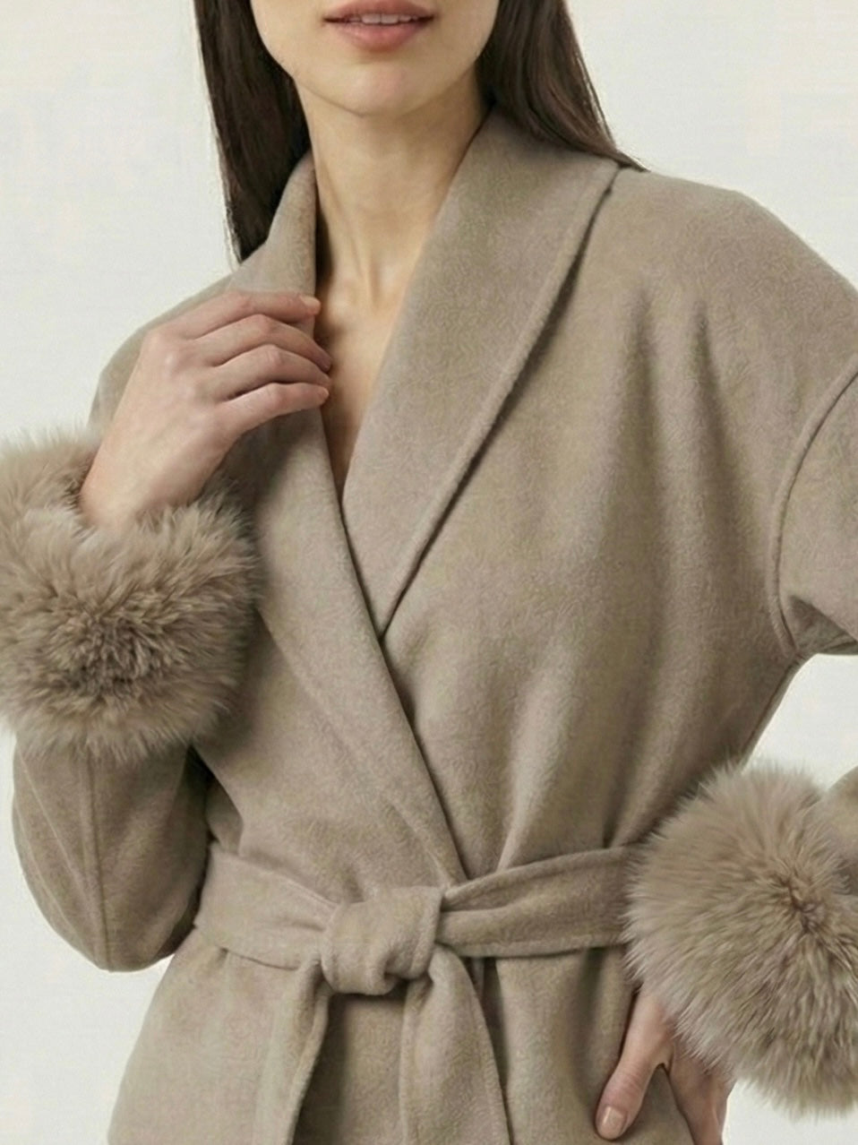 Belted Coat with Faux Fur Cuffs