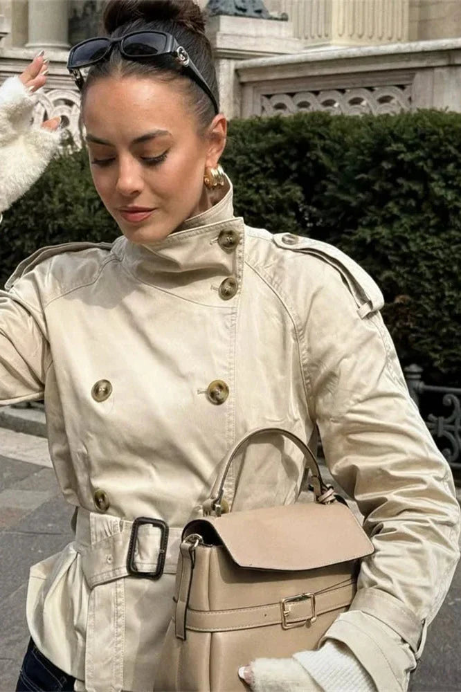 High-Neck Belted Trench Coat