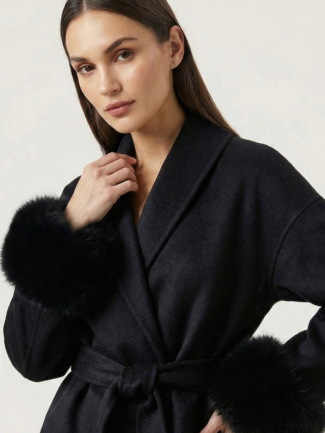Belted Coat with Faux Fur Cuffs