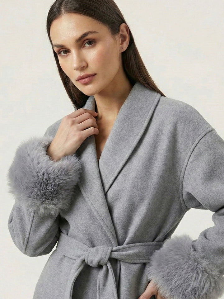 Belted Coat with Faux Fur Cuffs