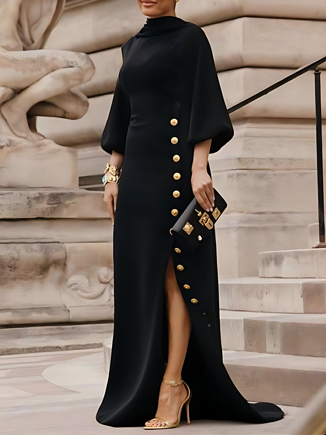 Loose Puff Sleeves Buttoned Split-side Mock Neck Maxi Dresses