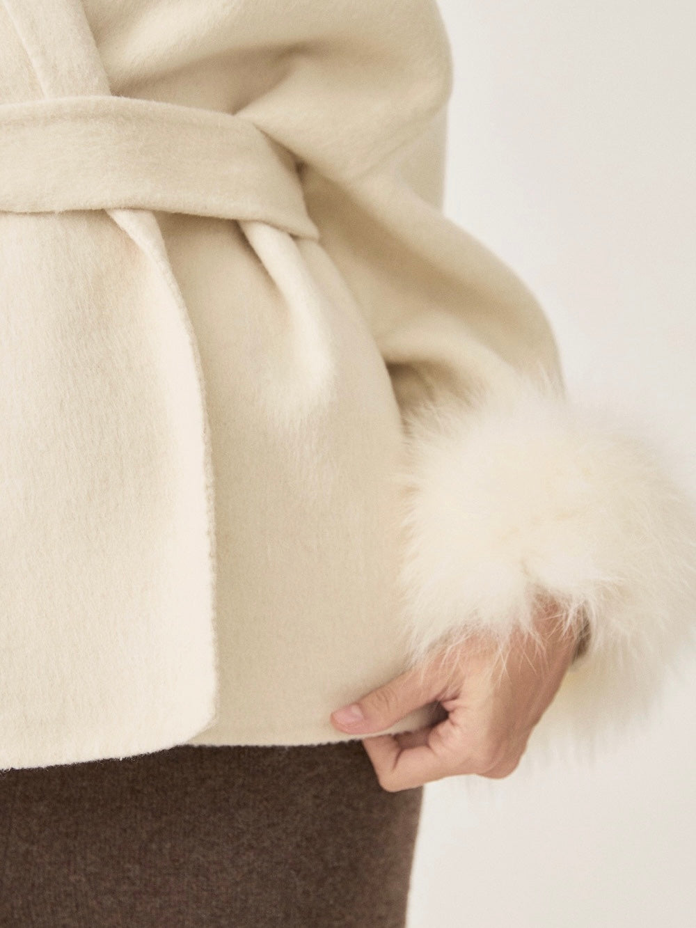 Belted Coat with Faux Fur Cuffs