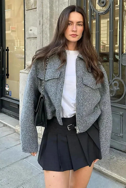 Grey Wool Blend Cropped Jacket
