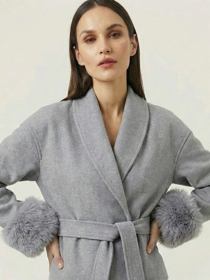 Belted Coat with Faux Fur Cuffs