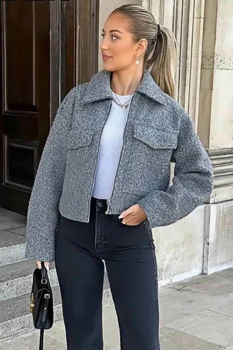 Grey Wool Blend Cropped Jacket