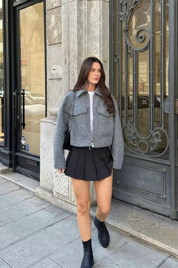Grey Wool Blend Cropped Jacket