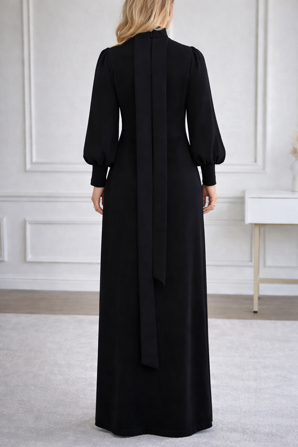 Loose Puff Sleeves Buttoned Split-side Mock Neck Maxi Dresses