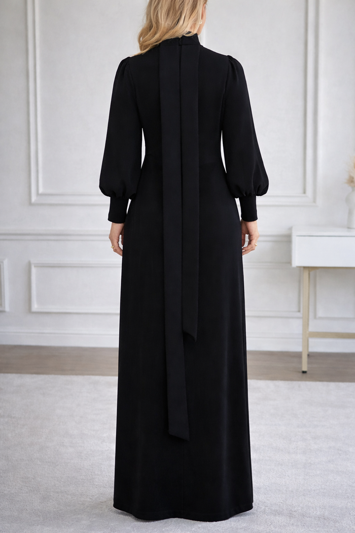 Loose Puff Sleeves Buttoned Split-side Mock Neck Maxi Dresses
