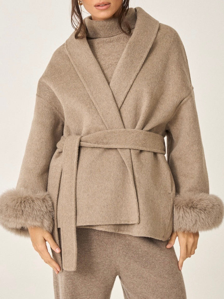 Belted Coat with Faux Fur Cuffs