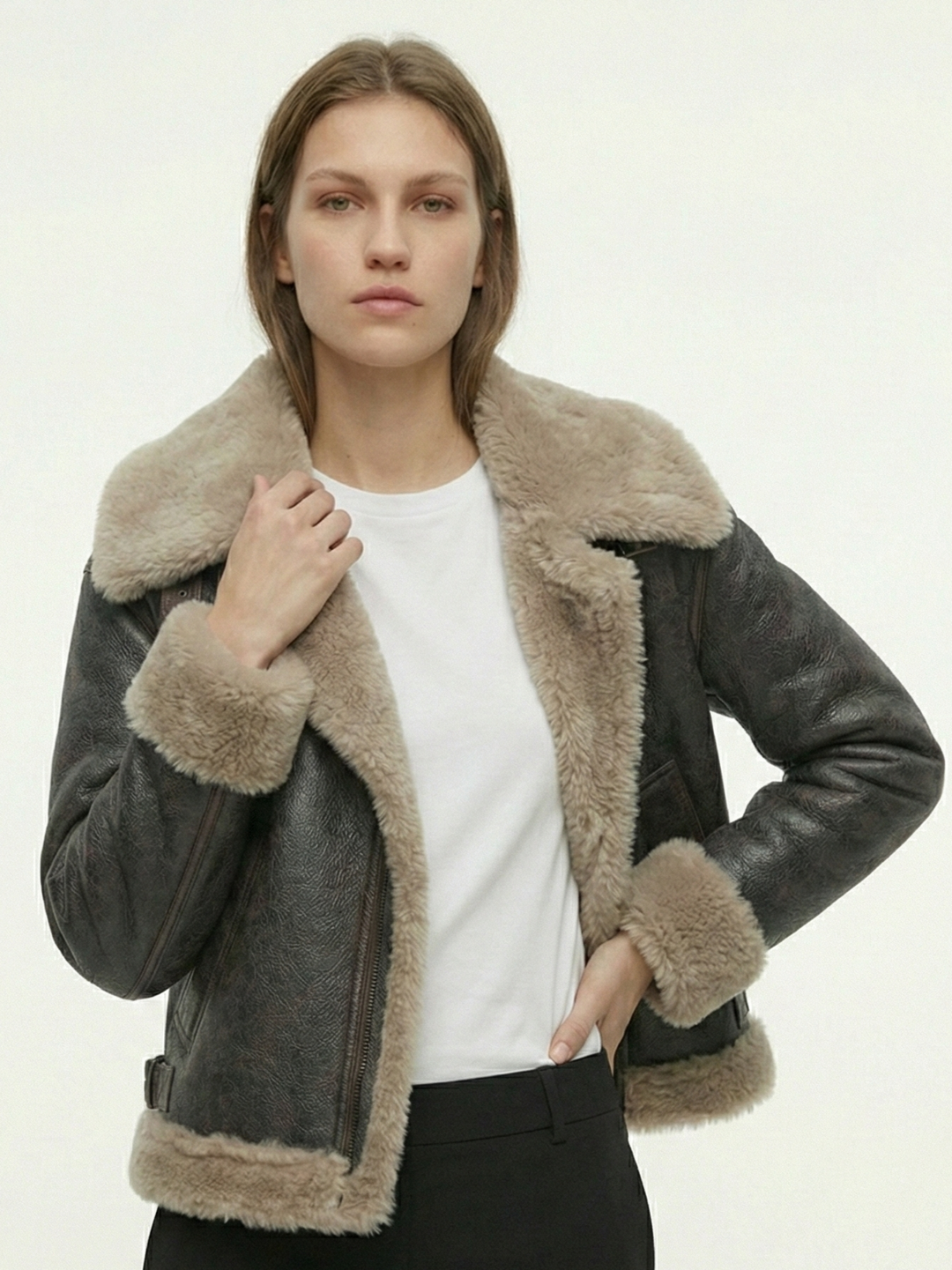 Faux Shearling Leather Jacket