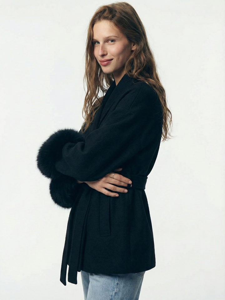 Belted Coat with Faux Fur Cuffs