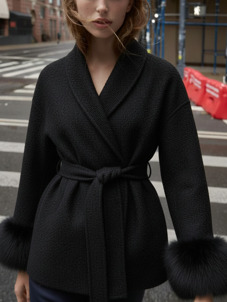 Belted Coat with Faux Fur Cuffs
