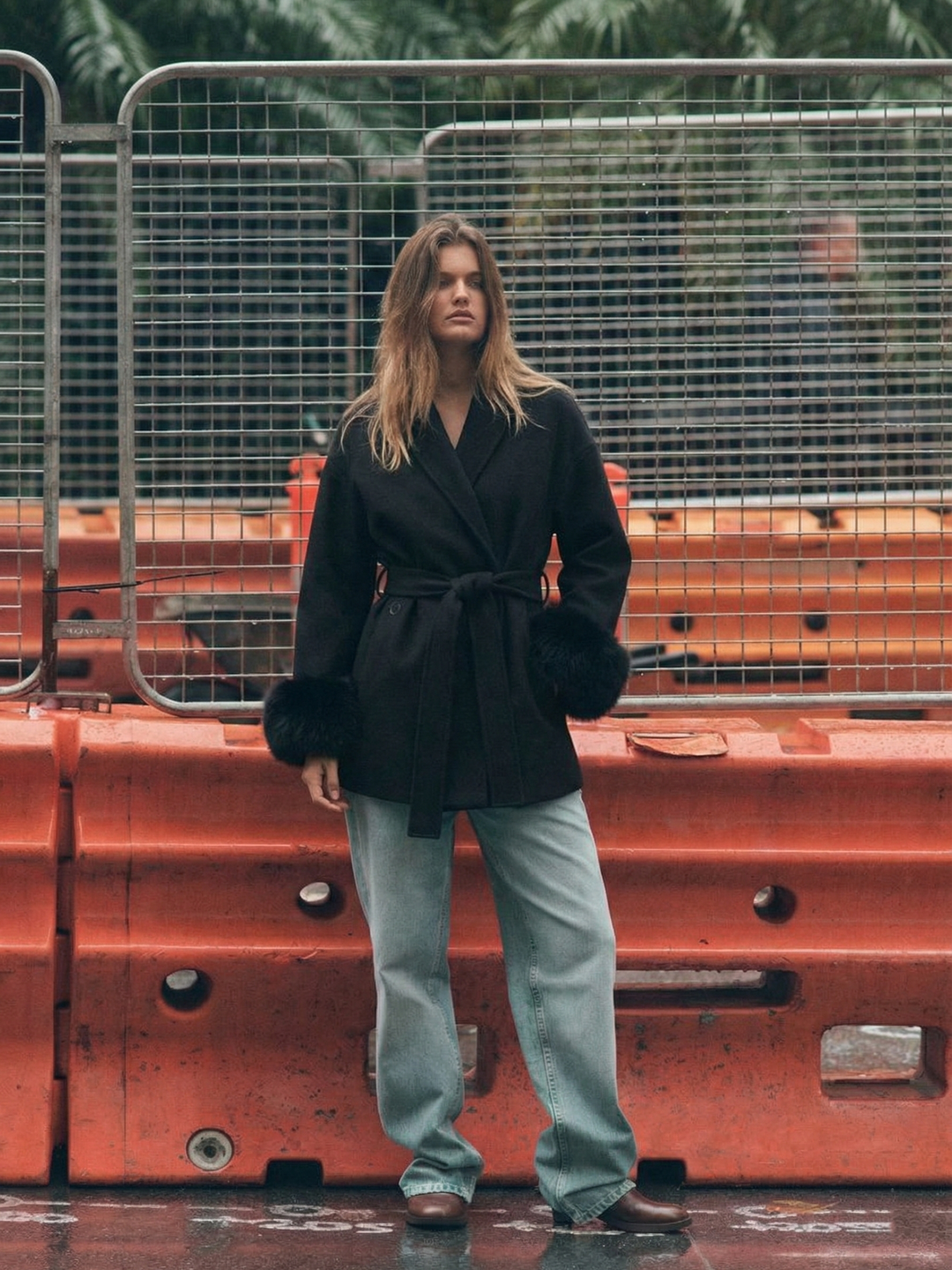 Belted Coat with Faux Fur Cuffs