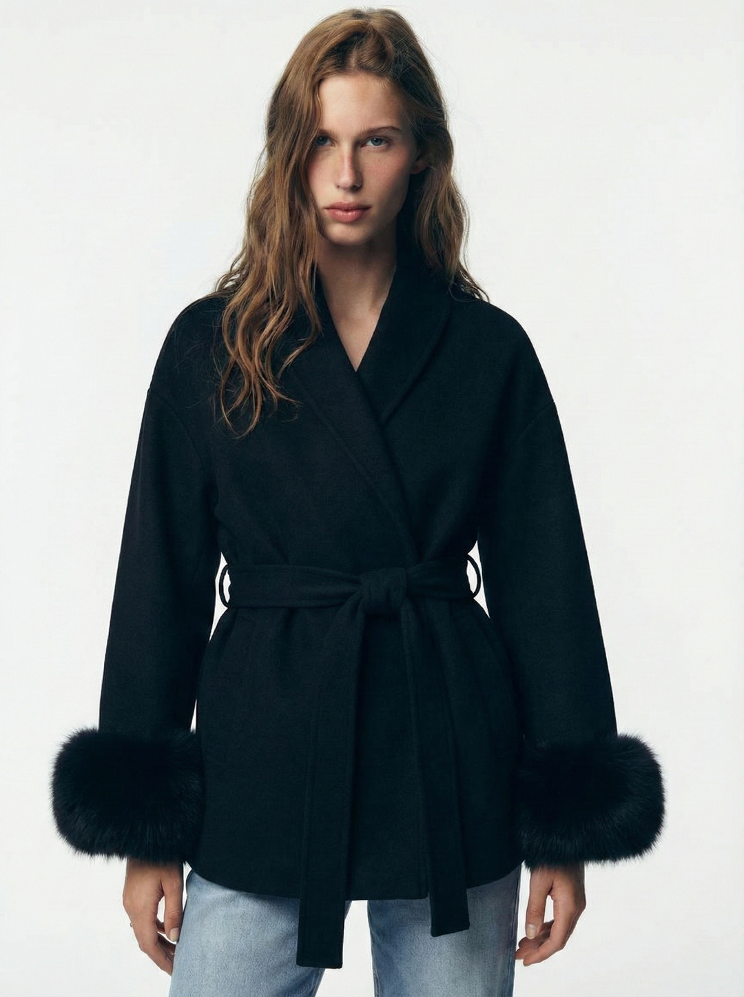 Belted Coat with Faux Fur Cuffs