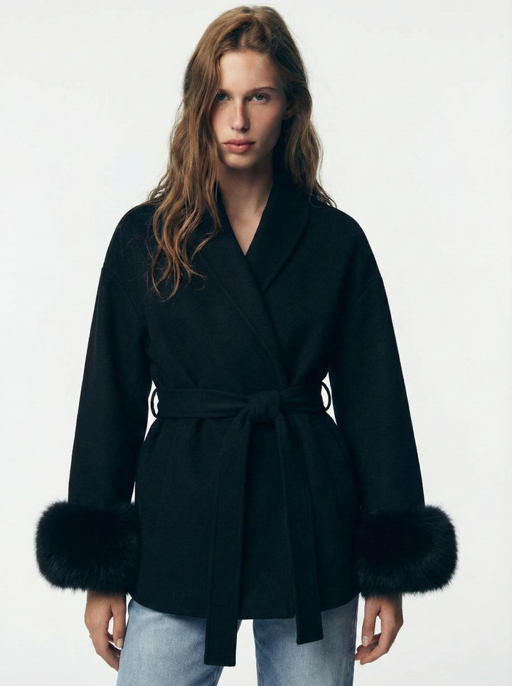 Belted Coat with Faux Fur Cuffs
