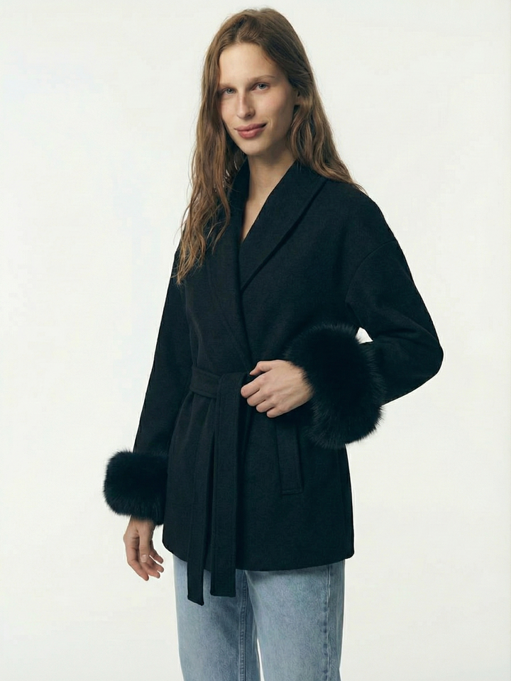 Belted Coat with Faux Fur Cuffs