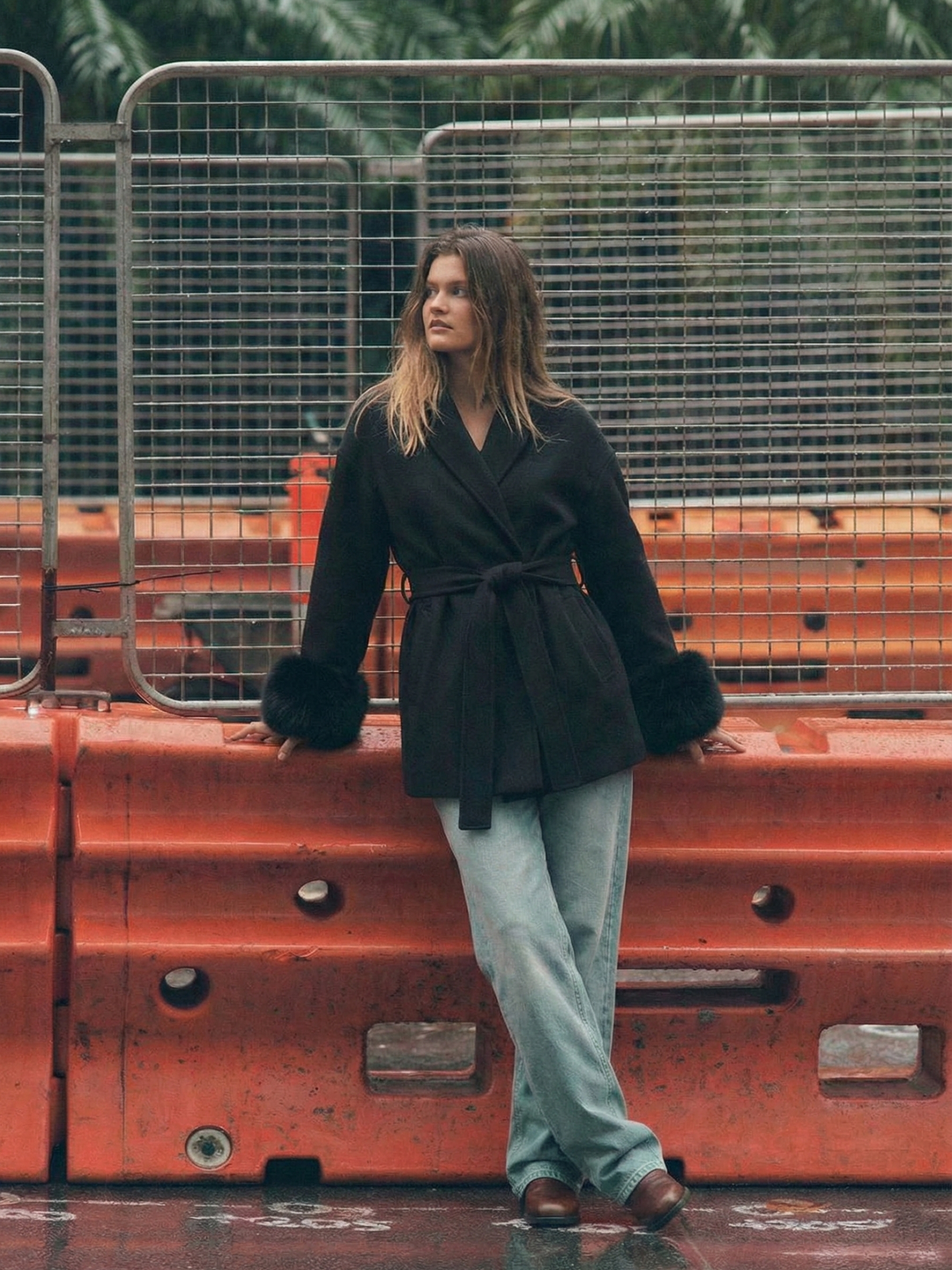 Belted Coat with Faux Fur Cuffs