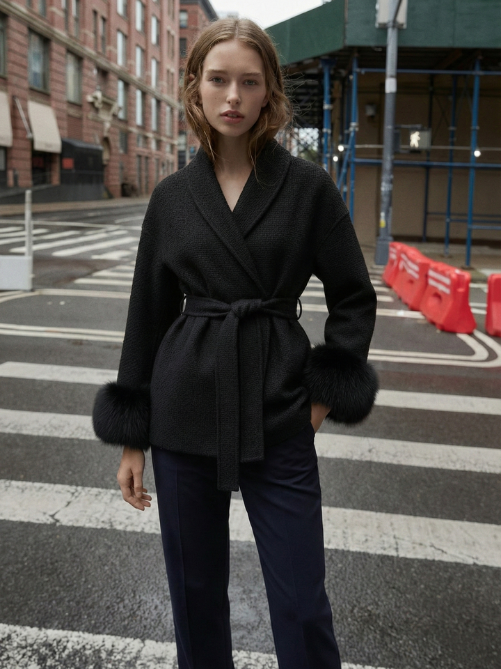 Belted Coat with Faux Fur Cuffs