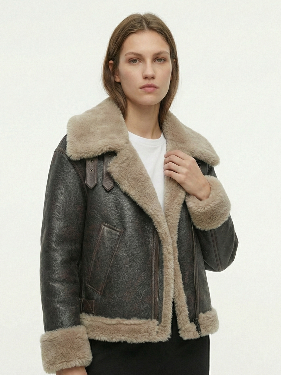 Faux Shearling Leather Jacket