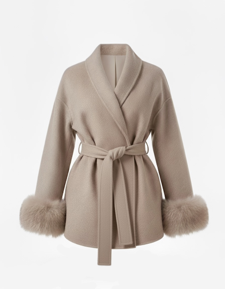 Belted Coat with Faux Fur Cuffs
