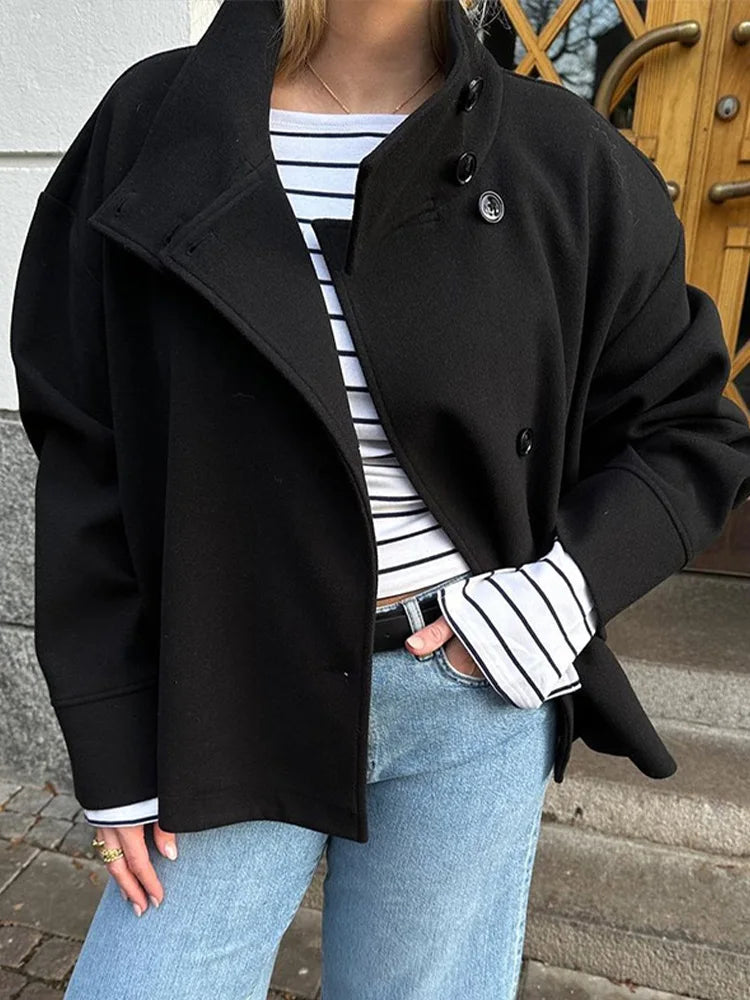 High-Neck Buttoned Pea Coat