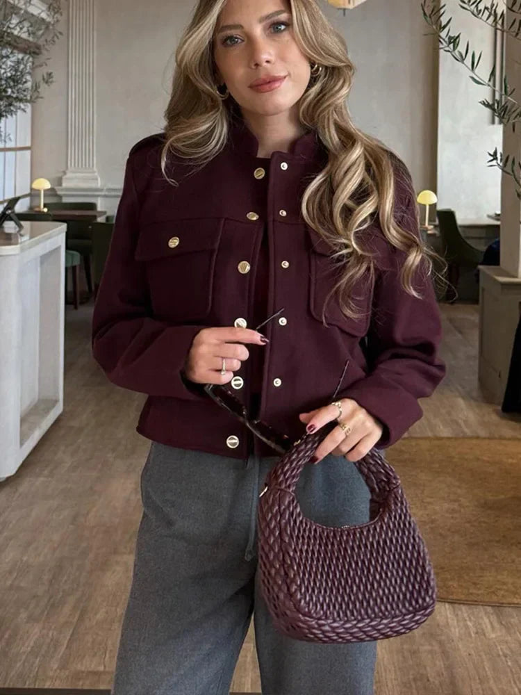 Burgundy Cropped Jacket with Gold Buttons