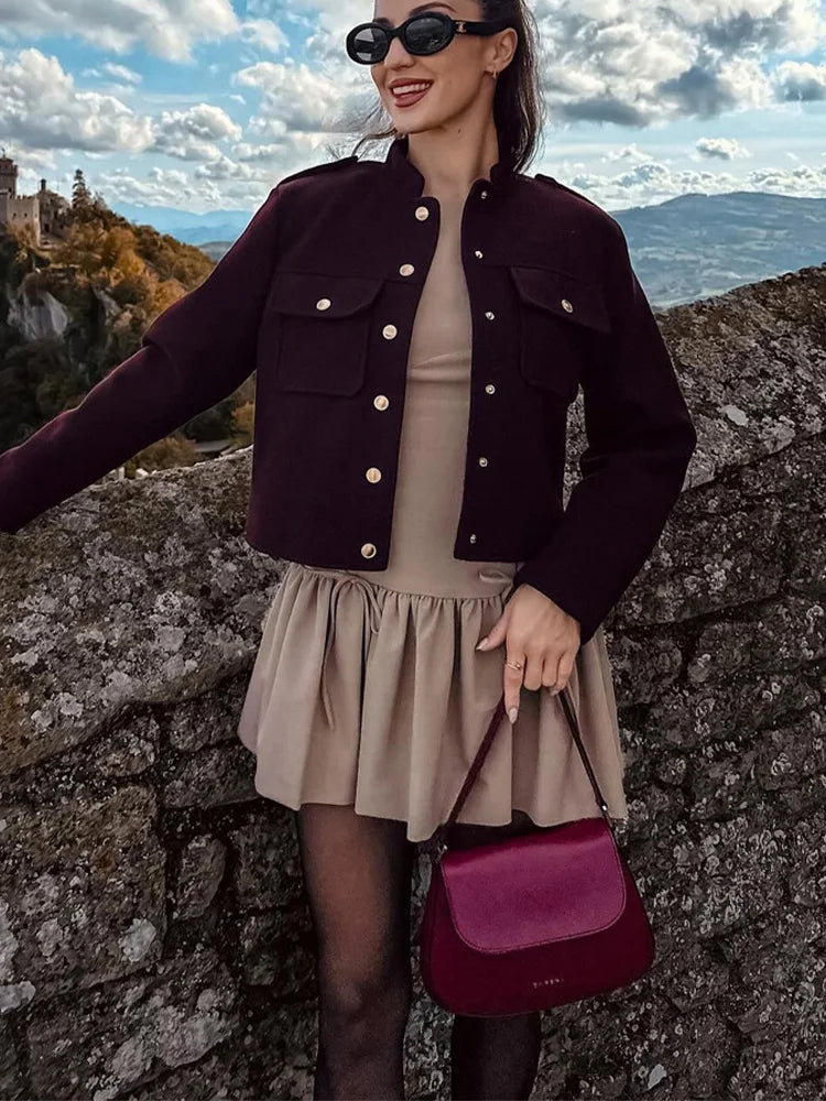 Burgundy Cropped Jacket with Gold Buttons