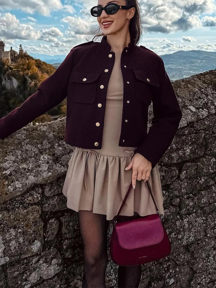 Burgundy Cropped Jacket with Gold Buttons