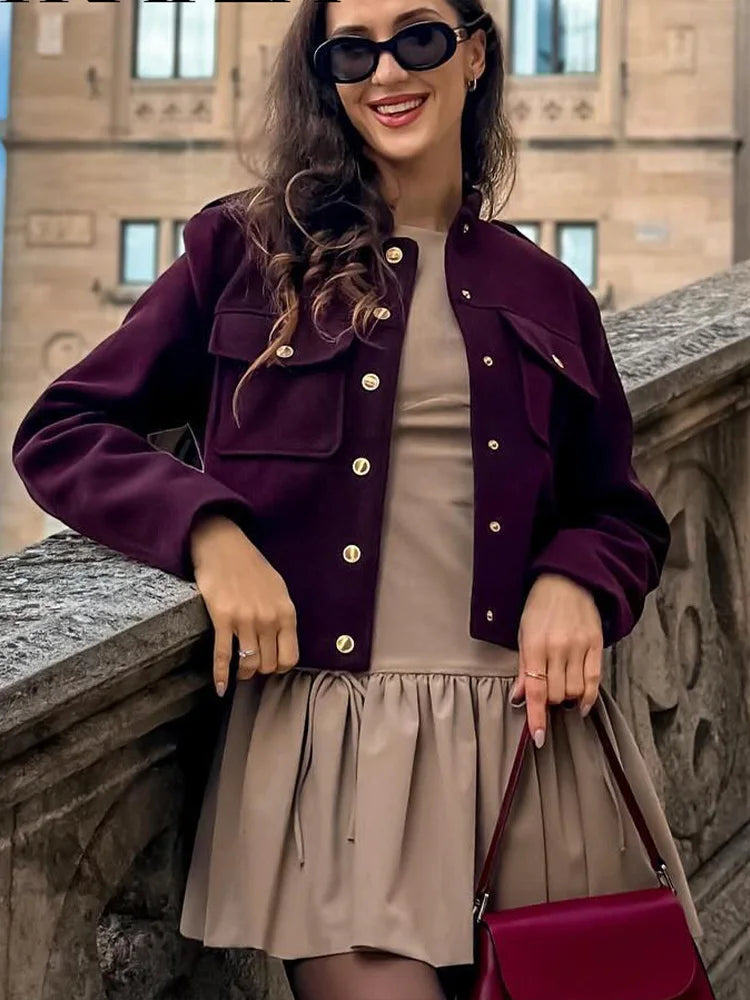 Burgundy Cropped Jacket with Gold Buttons