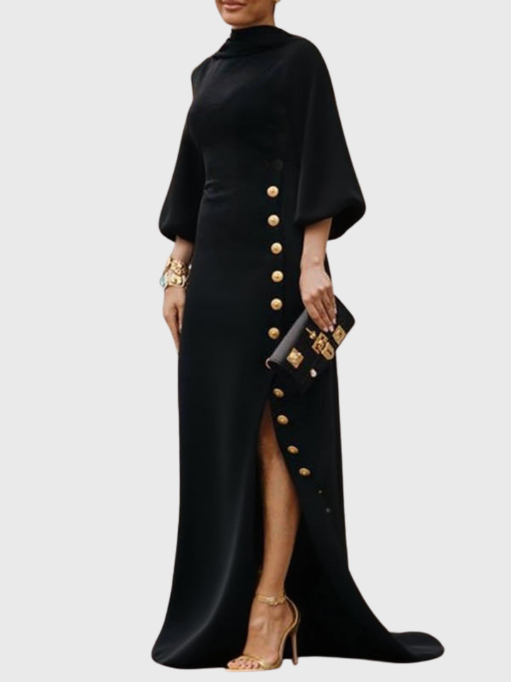 Loose Puff Sleeves Buttoned Split-side Mock Neck Maxi Dresses