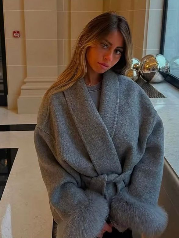 Belted Coat with Faux Fur Cuffs