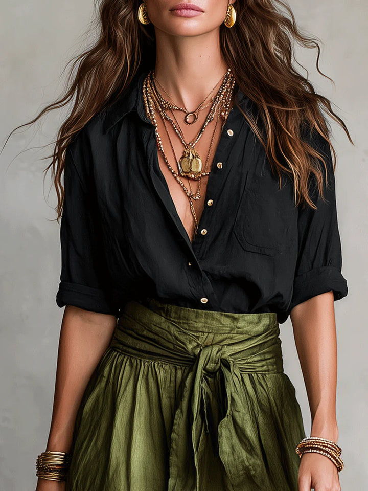 Vera™ | Two-Piece Set: Black T-Shirt & Olive Green Midi Skirt