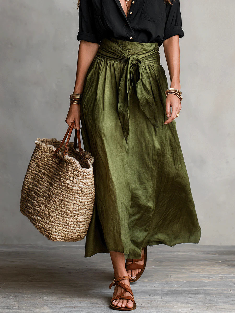 Vera™ | Two-Piece Set: Black T-Shirt & Olive Green Midi Skirt