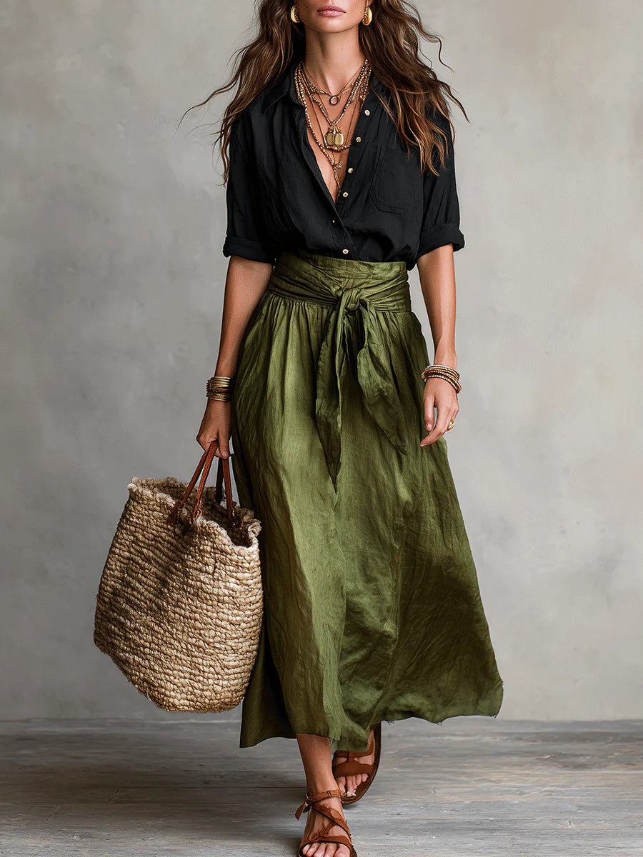 Vera™ | Two-Piece Set: Black T-Shirt & Olive Green Midi Skirt