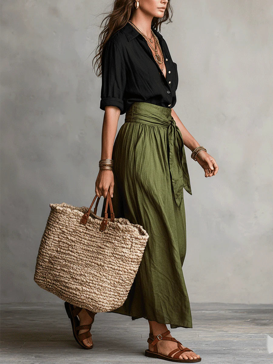Vera™ | Two-Piece Set: Black T-Shirt & Olive Green Midi Skirt