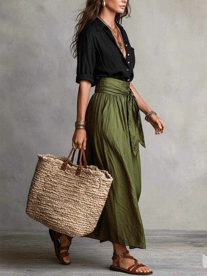 Vera™ | Two-Piece Set: Black T-Shirt & Olive Green Midi Skirt
