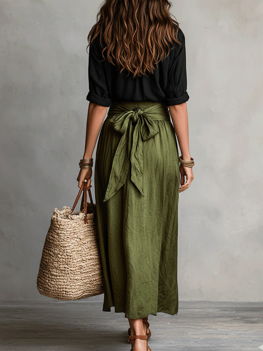 Vera™ | Two-Piece Set: Black T-Shirt & Olive Green Midi Skirt