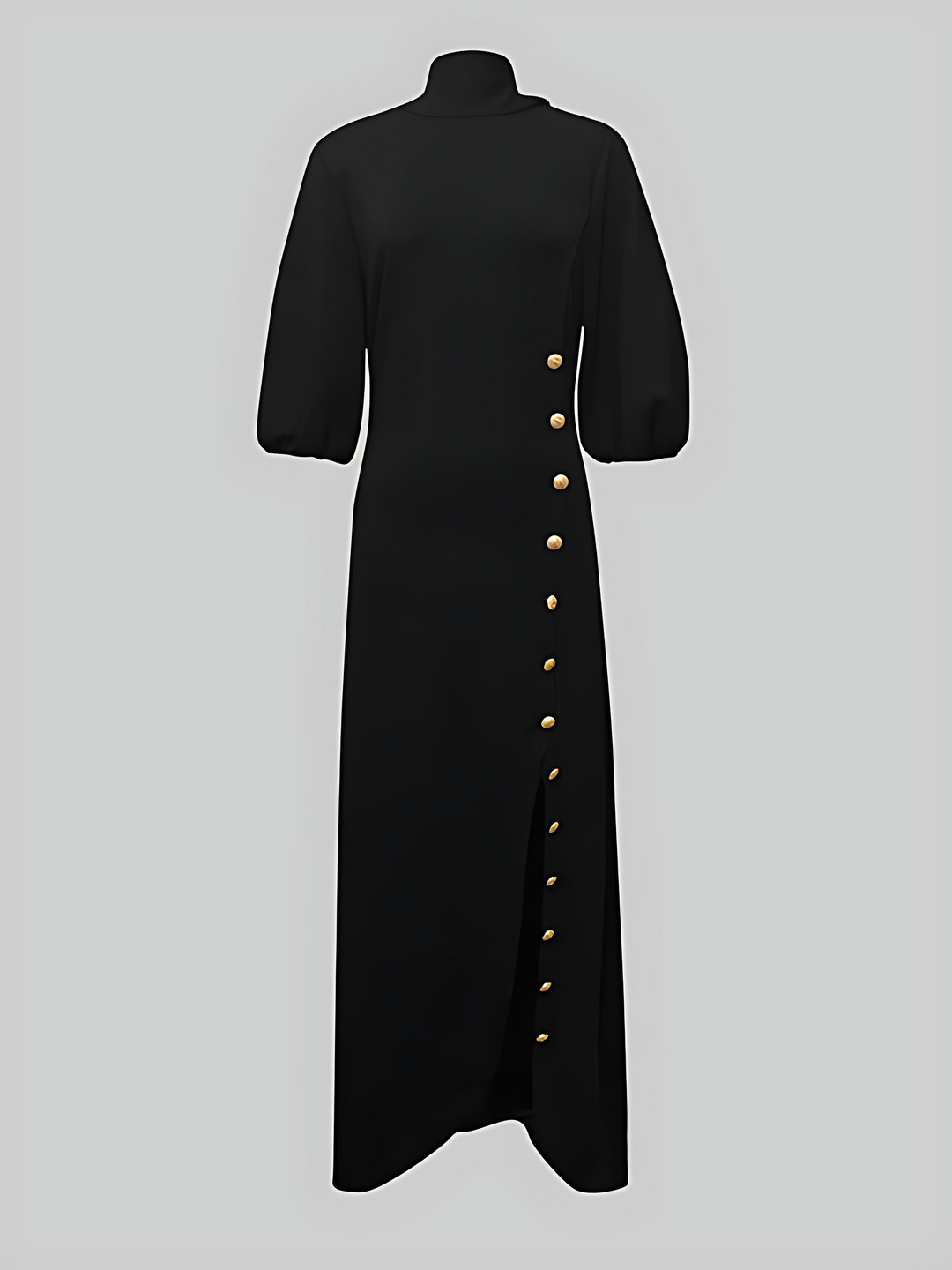 Loose Puff Sleeves Buttoned Split-side Mock Neck Maxi Dresses